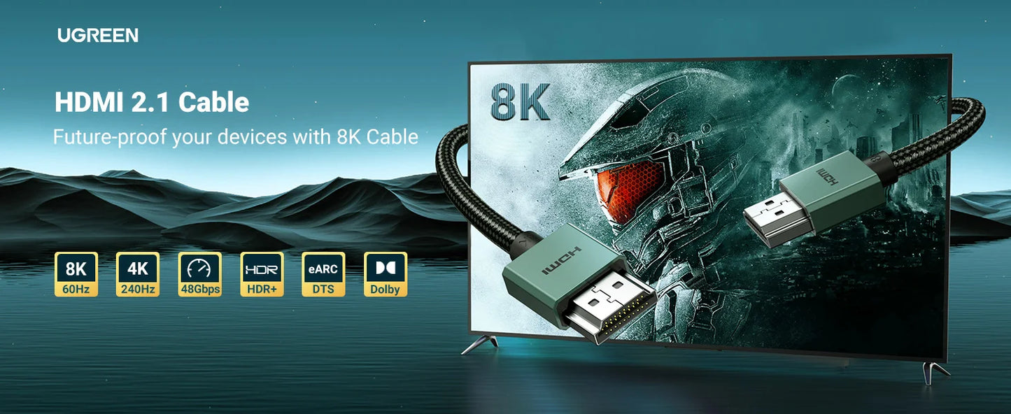 Cabo HDMI UGREEN 8K/60Hz - Cabo de Vídeo para TV, Xiaomi Box, Splitter, Switcher, 3D, HDCP, Computador, Laptops, Monitores