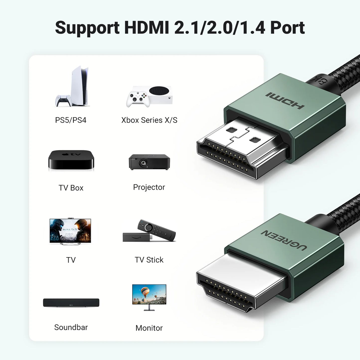 Cabo HDMI UGREEN 8K/60Hz - Cabo de Vídeo para TV, Xiaomi Box, Splitter, Switcher, 3D, HDCP, Computador, Laptops, Monitores