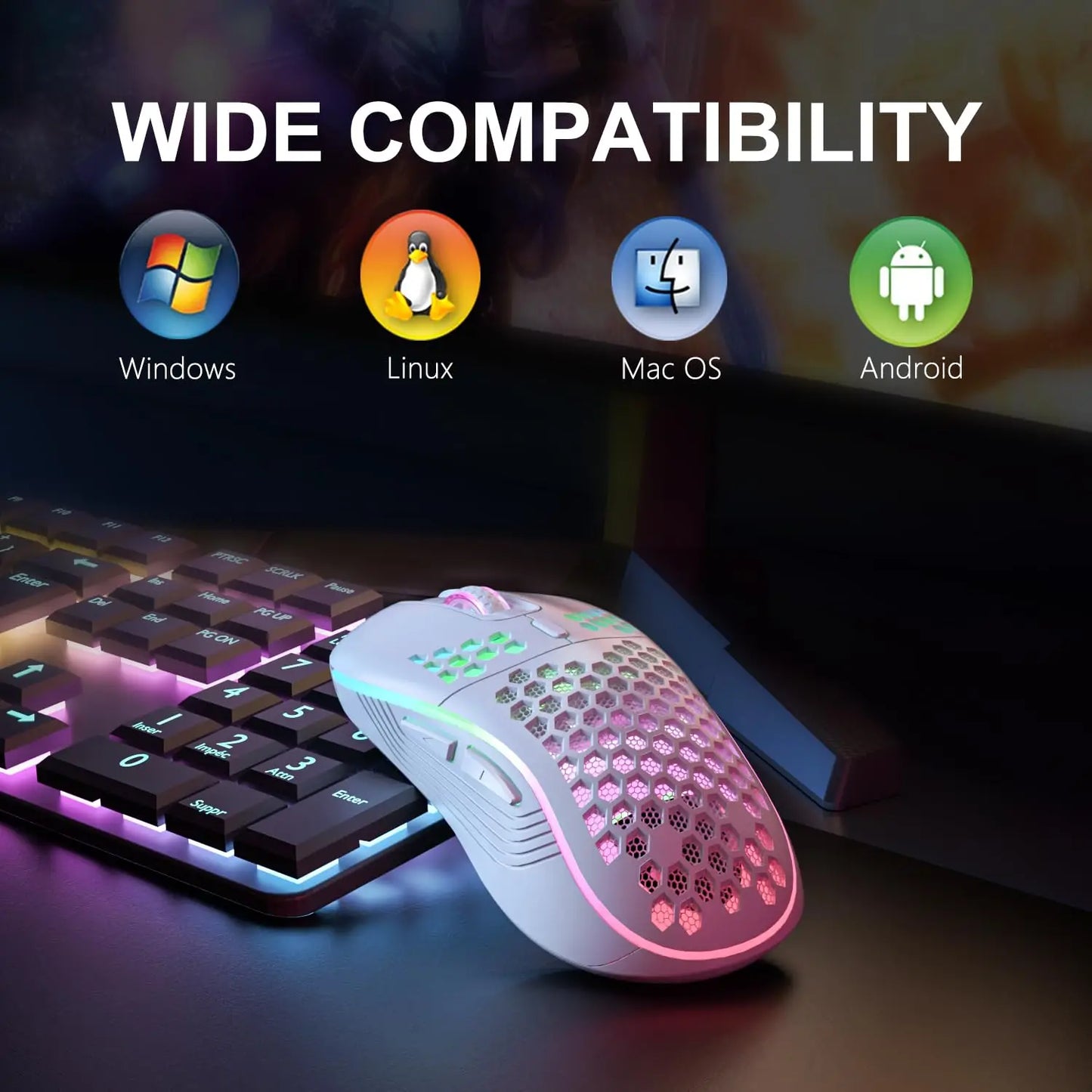 Mouse Gamer Sem Fio 2.4G RGB com Design Ergonômico em Colmeia e DPI Ajustável | Recarga USB para PC e Notebook