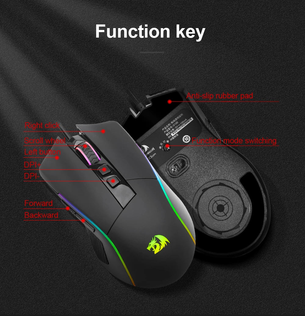 REDRAGON Mouse Gamer com Fio RGB USB 8000 DPI 8 Botões Programáveis Ergonômico para Computador Laptop PC Gamer