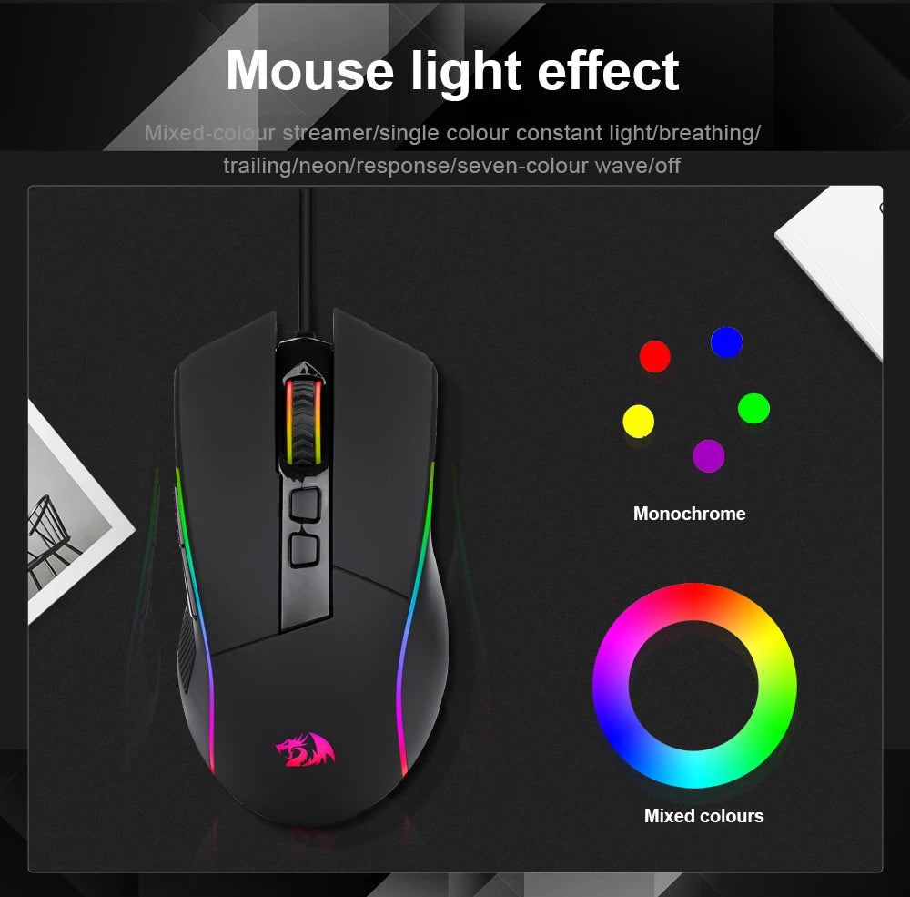 REDRAGON Mouse Gamer com Fio RGB USB 8000 DPI 8 Botões Programáveis Ergonômico para Computador Laptop PC Gamer