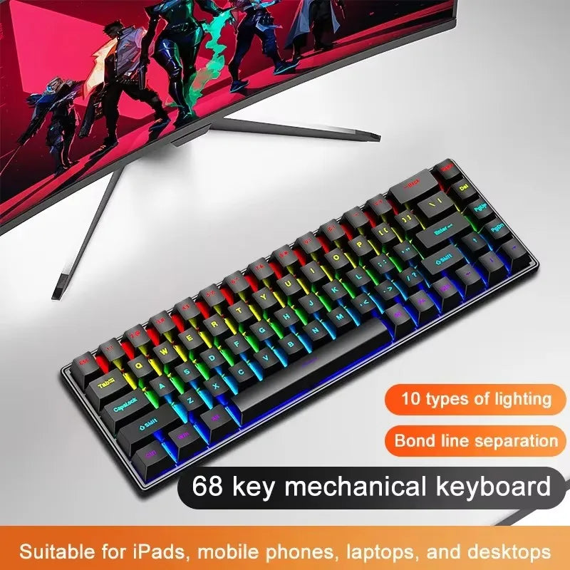 Teclado Mecânico com Fio K68 | Iluminação Colorida, 10 Efeitos | Para Jogos e Escritório | Compatível com Windows e macOS