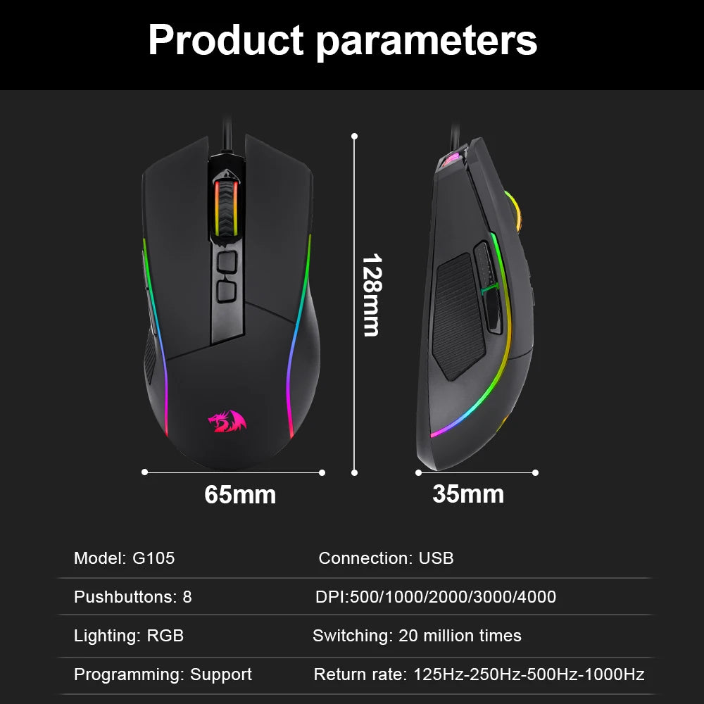 REDRAGON Mouse Gamer com Fio RGB USB 8000 DPI 8 Botões Programáveis Ergonômico para Computador Laptop PC Gamer