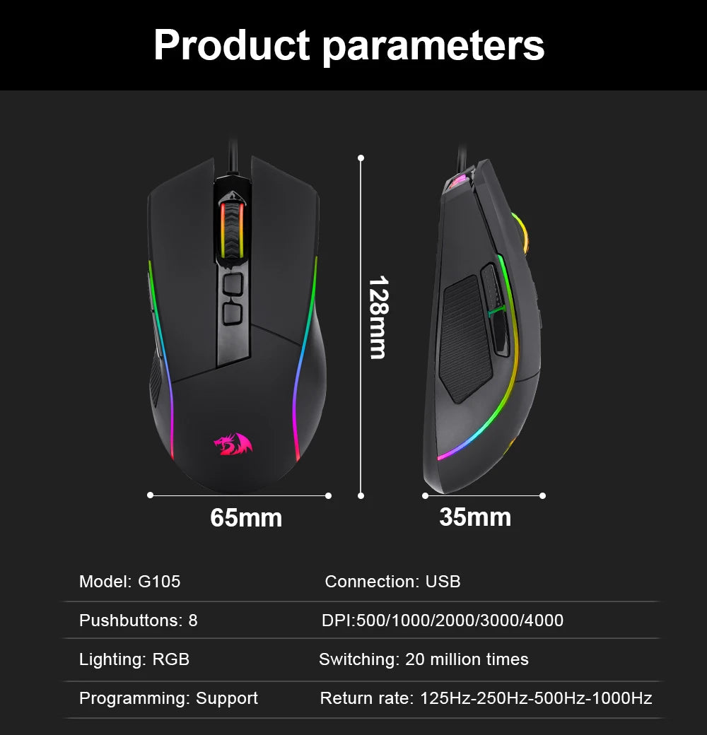 REDRAGON Mouse Gamer com Fio RGB USB 8000 DPI 8 Botões Programáveis Ergonômico para Computador Laptop PC Gamer