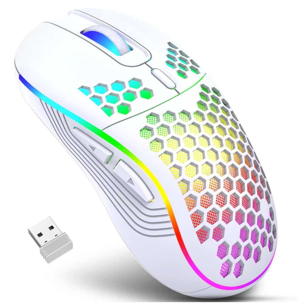 Mouse Gamer Sem Fio 2.4G RGB com Design Ergonômico em Colmeia e DPI Ajustável | Recarga USB para PC e Notebook