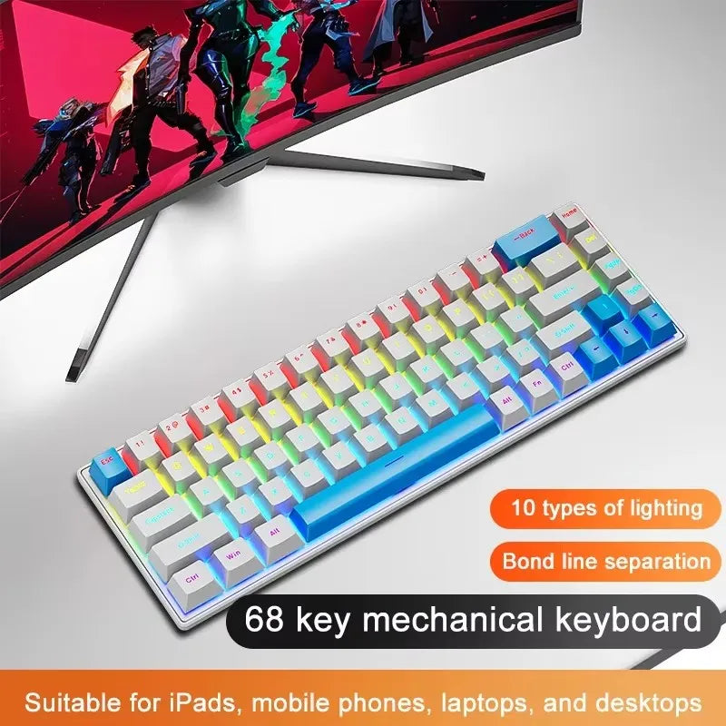 Teclado Mecânico com Fio K68 | Iluminação Colorida, 10 Efeitos | Para Jogos e Escritório | Compatível com Windows e macOS