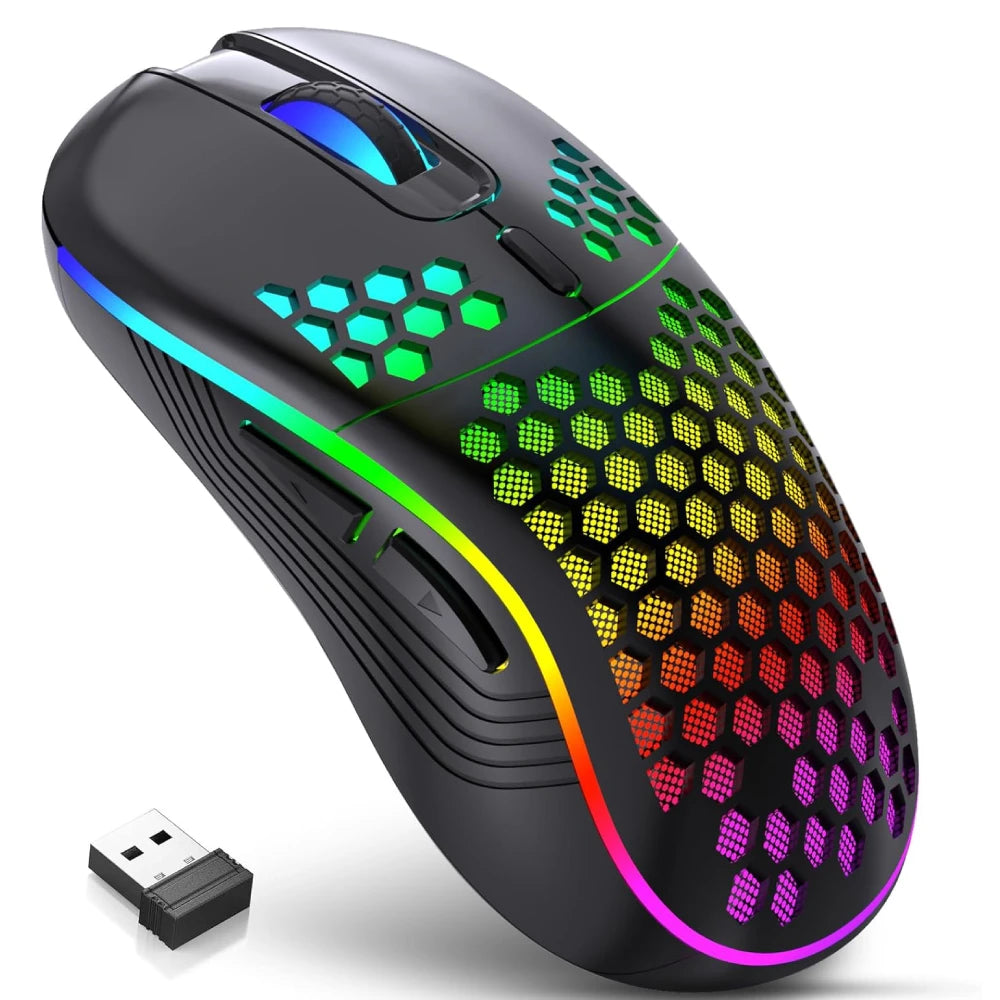 Mouse Gamer Sem Fio 2.4G RGB com Design Ergonômico em Colmeia e DPI Ajustável | Recarga USB para PC e Notebook