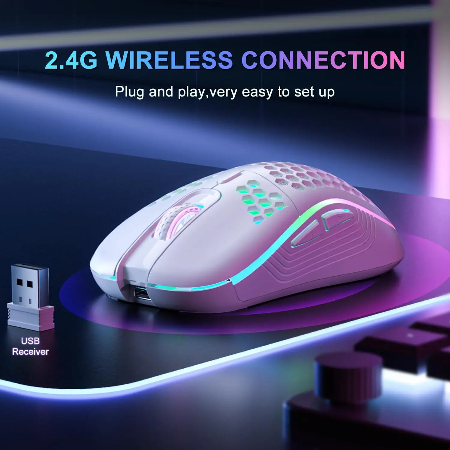 Mouse Gamer Sem Fio 2.4G RGB com Design Ergonômico em Colmeia e DPI Ajustável | Recarga USB para PC e Notebook