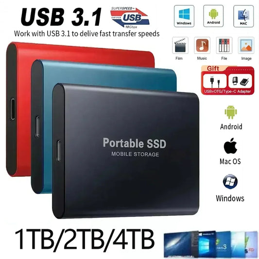 SSD Externo Portátil 4TB 2TB Alta Velocidade, Unidade de Disco Rígido USB 3.1 Tipo-C, Armazenamento Massivo para Laptop