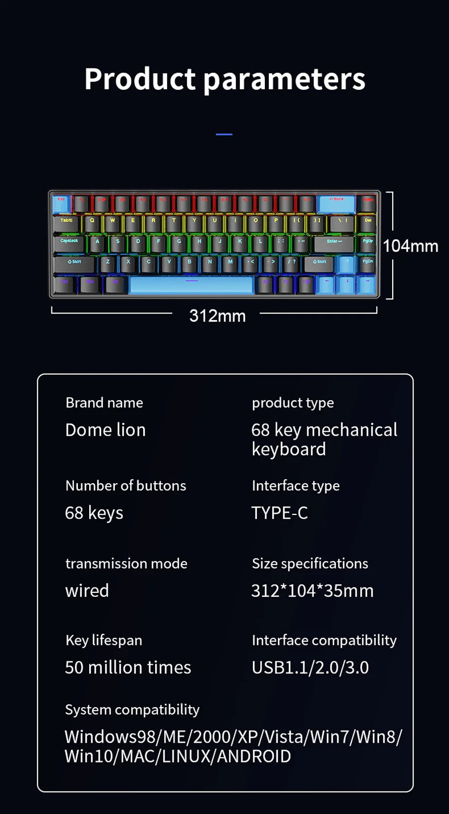 Teclado Mecânico com Fio K68 | Iluminação Colorida, 10 Efeitos | Para Jogos e Escritório | Compatível com Windows e macOS