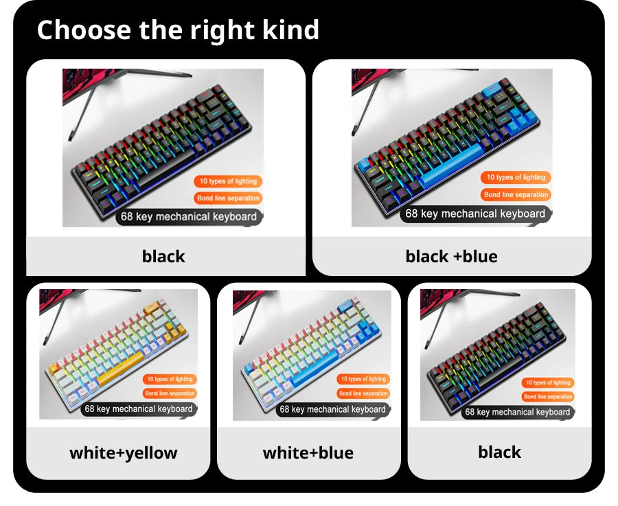 Teclado Mecânico com Fio K68 | Iluminação Colorida, 10 Efeitos | Para Jogos e Escritório | Compatível com Windows e macOS