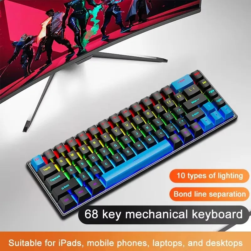 Teclado Mecânico com Fio K68 | Iluminação Colorida, 10 Efeitos | Para Jogos e Escritório | Compatível com Windows e macOS