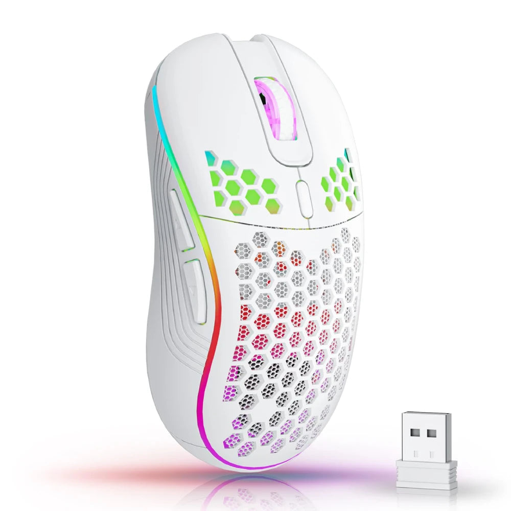 Mouse Gamer Sem Fio 2.4G RGB com Design Ergonômico em Colmeia e DPI Ajustável | Recarga USB para PC e Notebook