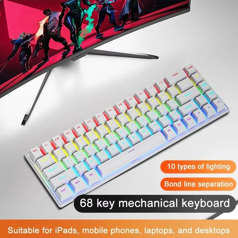 Teclado Mecânico com Fio K68 | Iluminação Colorida, 10 Efeitos | Para Jogos e Escritório | Compatível com Windows e macOS